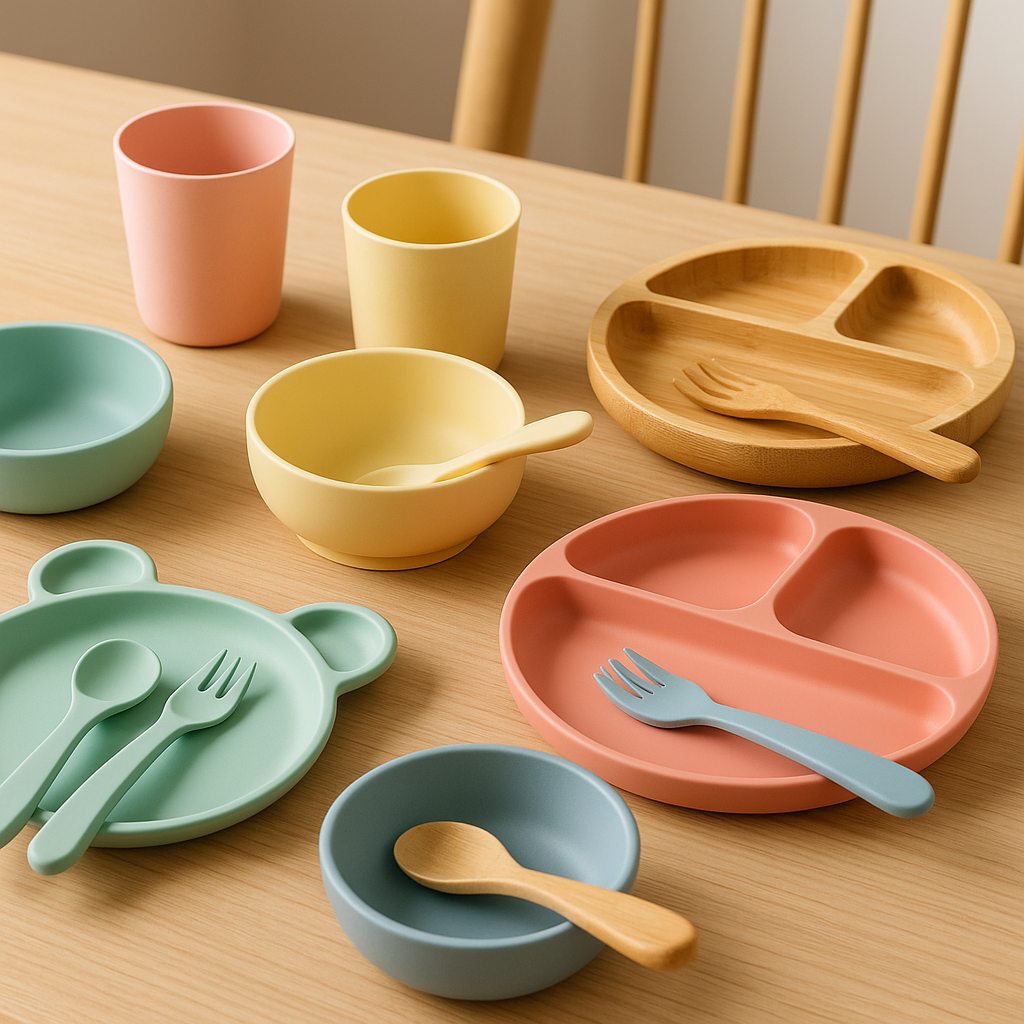 Colorful kids plates, bowls, and utensils arranged on a dining table