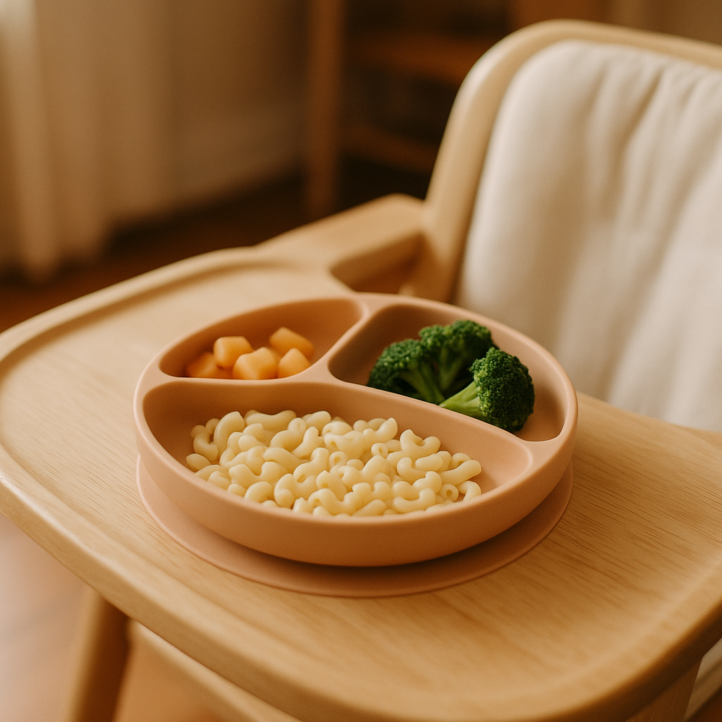Suction plate stuck to a highchair tray with toddler food on it