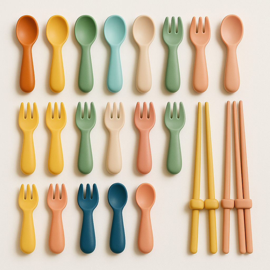 Collection of toddler utensils including spoons and forks arranged neatly