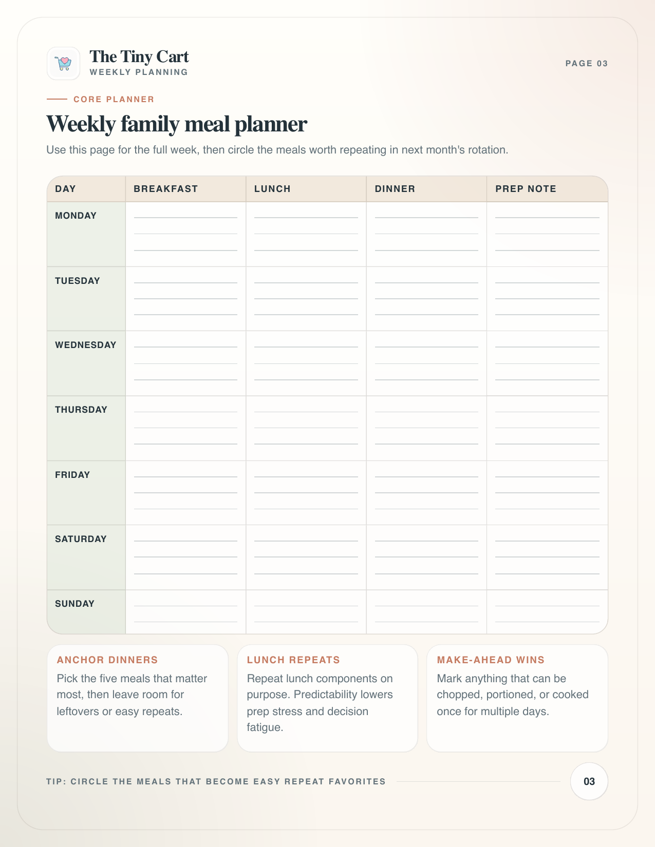 Weekly family meal planner page preview