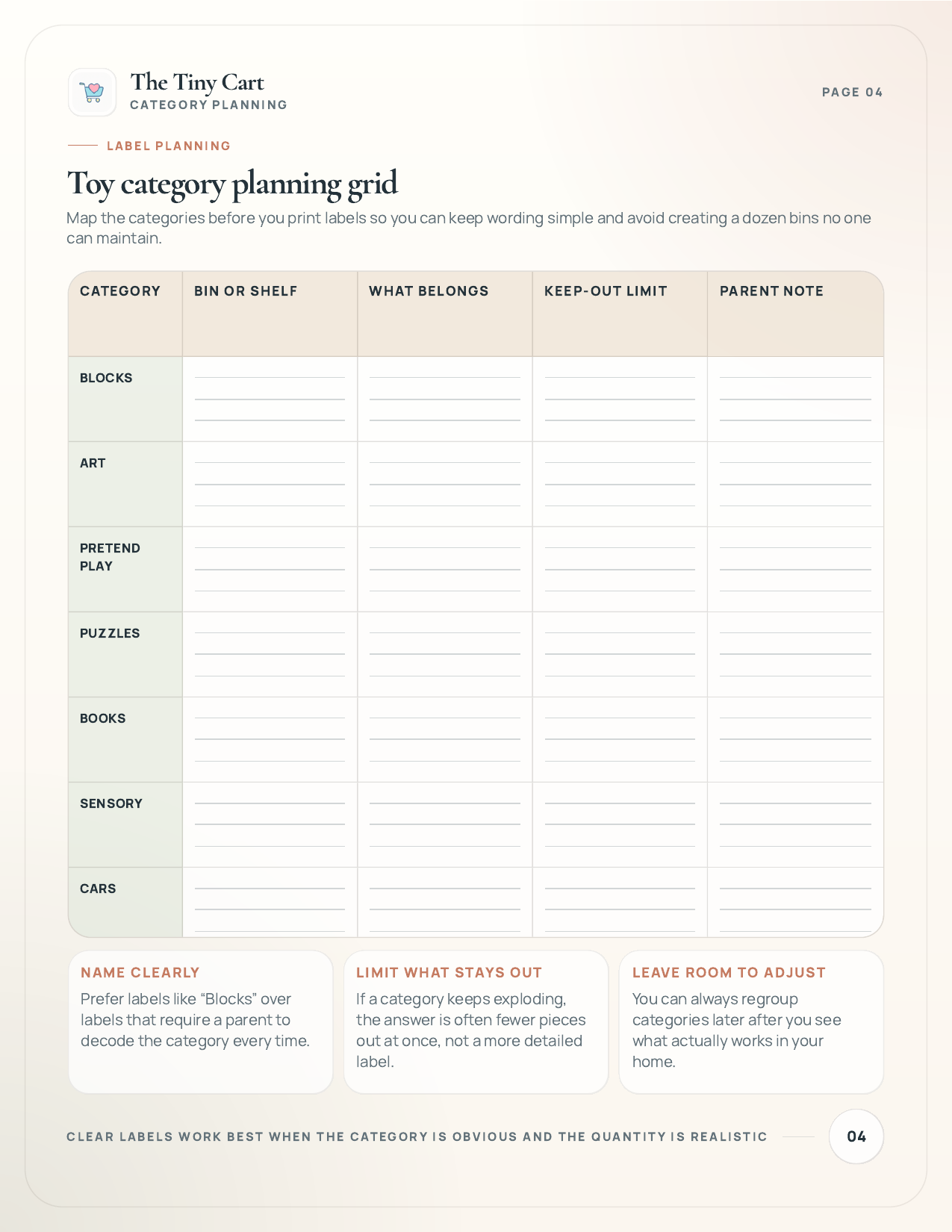 Toy category planning grid preview