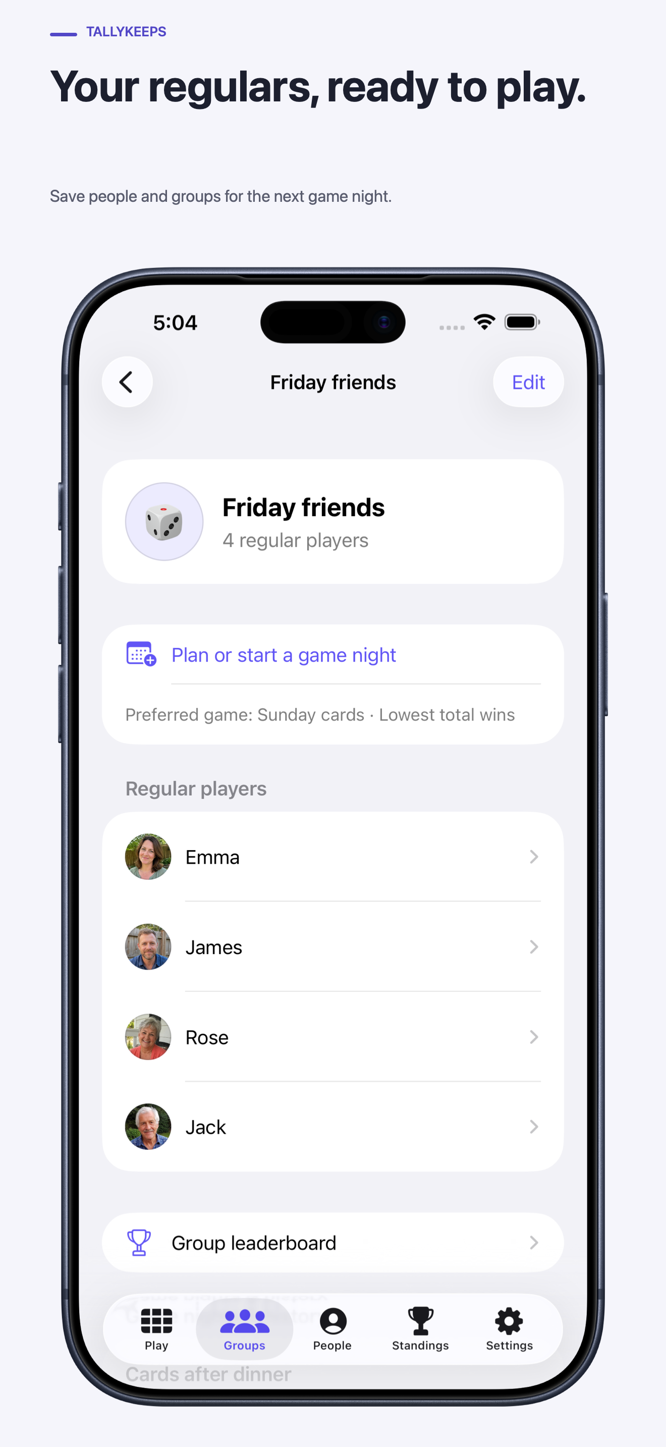 Friday friends group with four player portraits and a game-night planning action