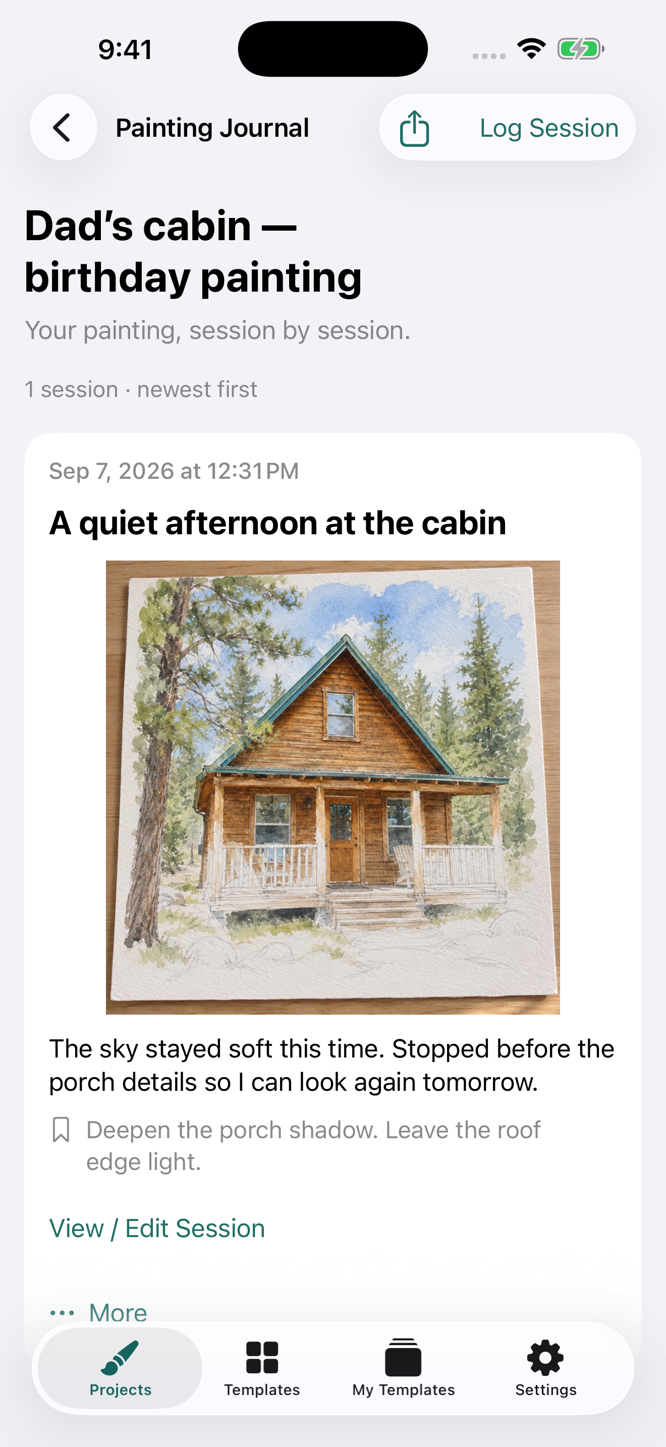 Paint Session journal for a cabin birthday painting, with a progress photo and a note for next time